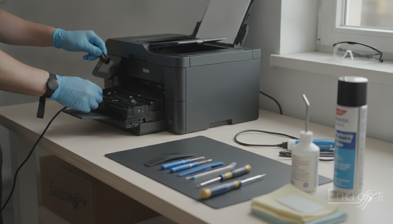 Gants, visière et outils posés sur une table près d’une imprimante laser, avec une fiche sécurité et des notes