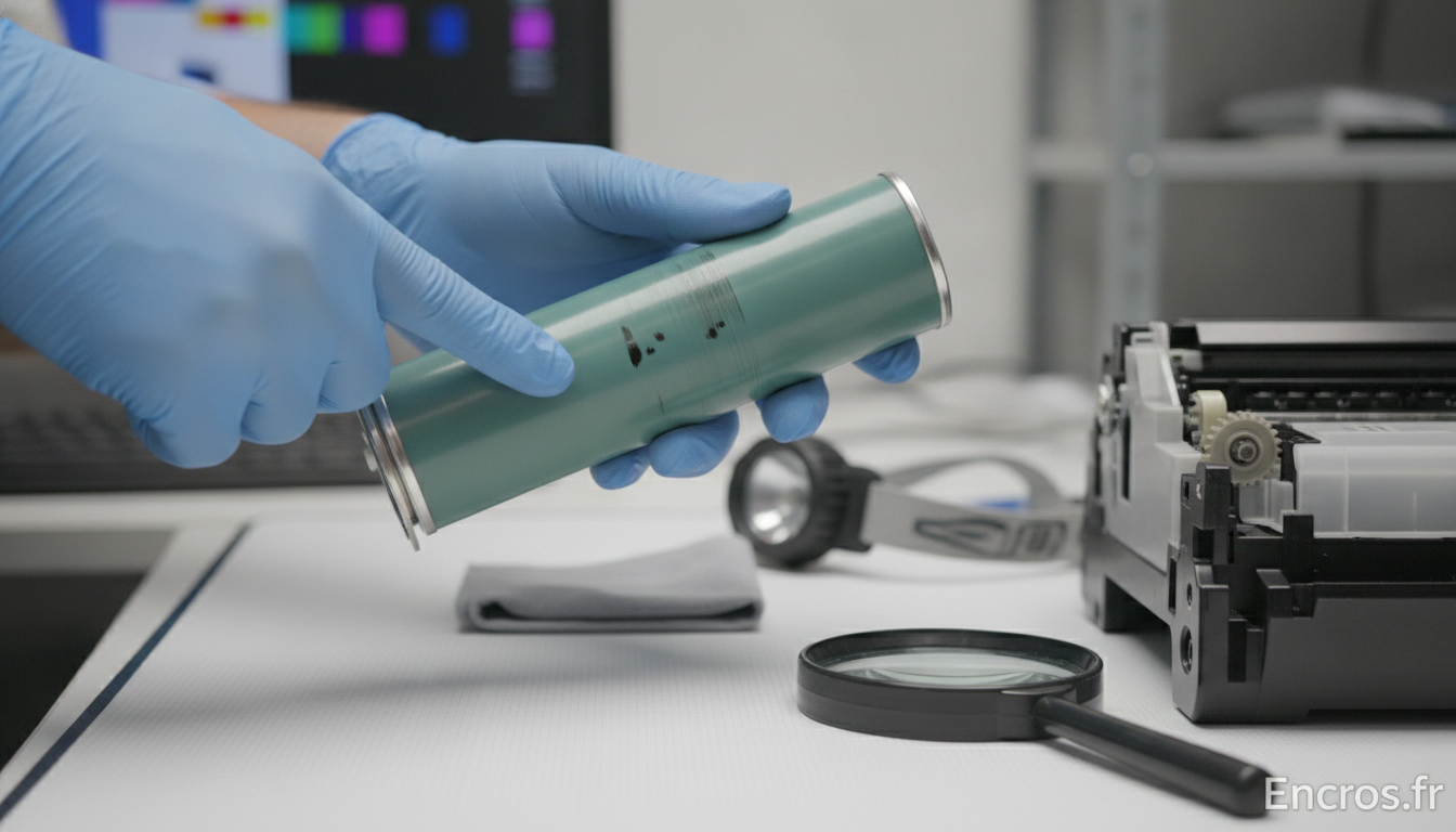 Plan rapproché du tambour d’imprimante, avec une lampe, une règle et une fiche de diagnostic posées à côté.