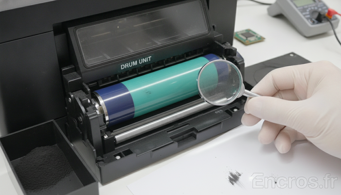 Vue proche du tambour et des composants internes d’une imprimante laser, avec des repères visibles pour le diagnostic.