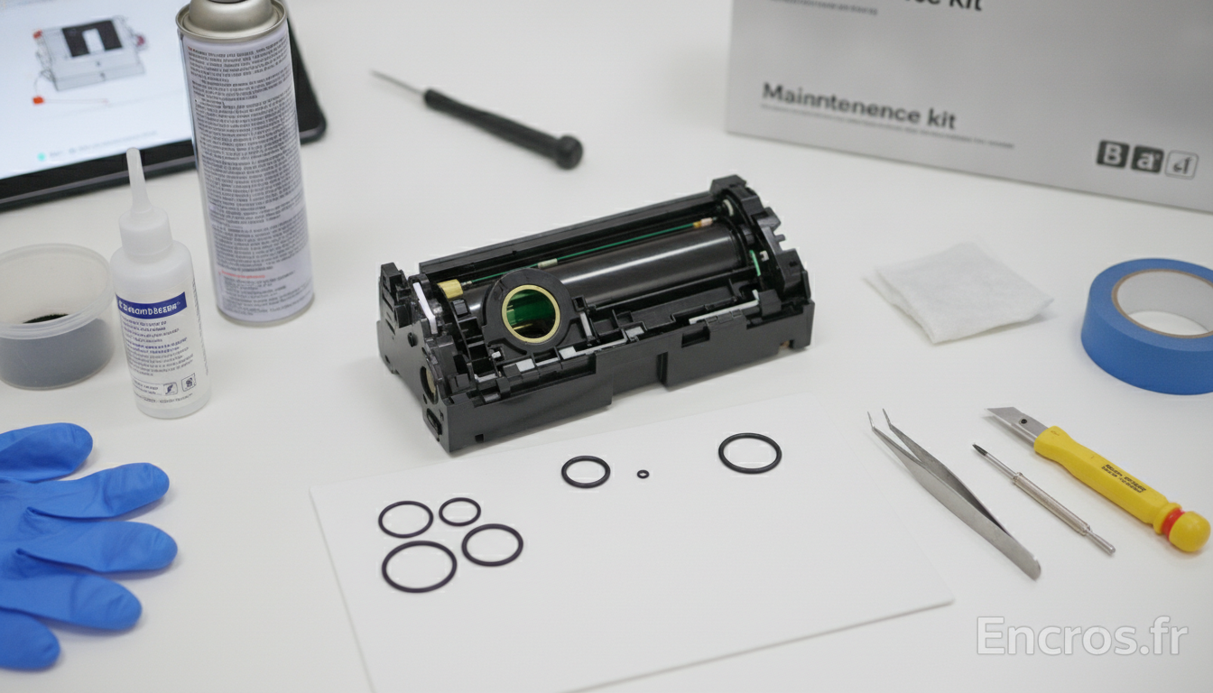 Vue exhaustive d’outils, joints et consommables disposés autour du bac à toner, prêt à l’intervention