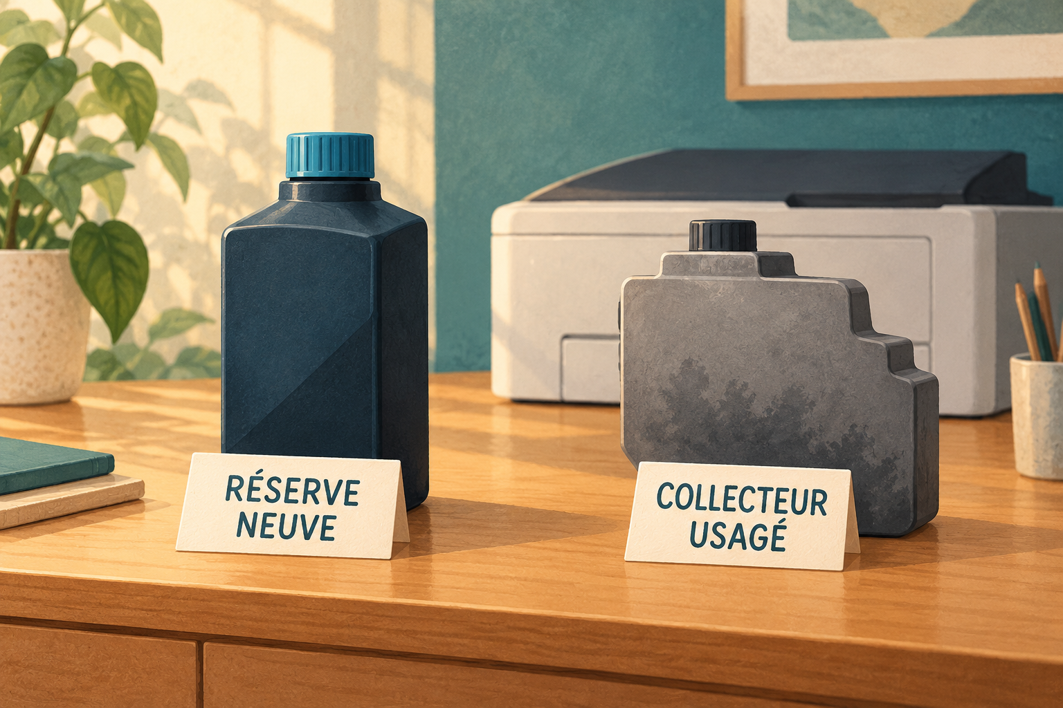 Illustration conceptuelle de deux contenants fermés aux rôles distincts, réserve neuve et collecteur usagé