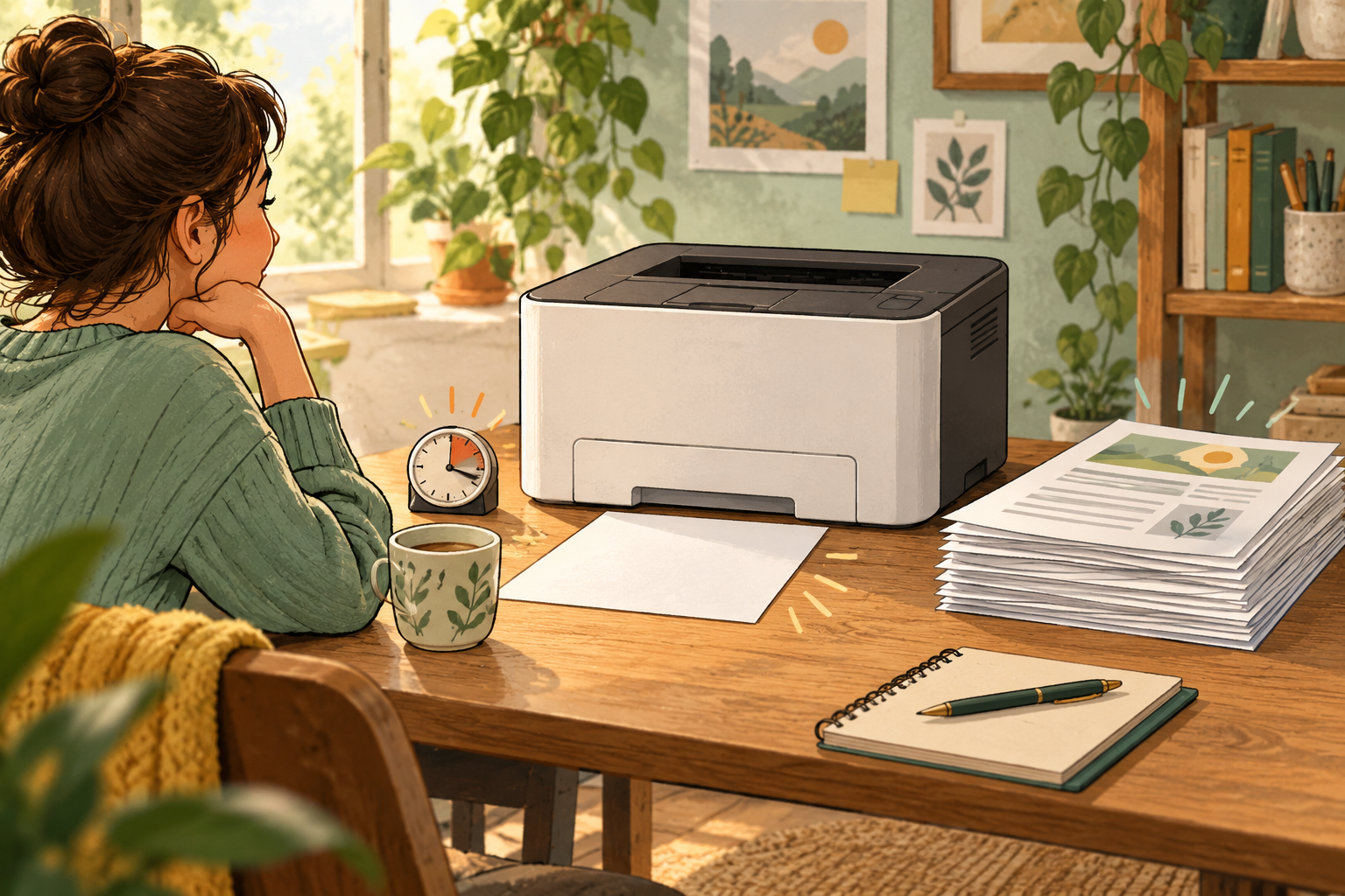 Illustration d’une personne qui attend près d’une imprimante générique, avec une feuille et une pile de documents