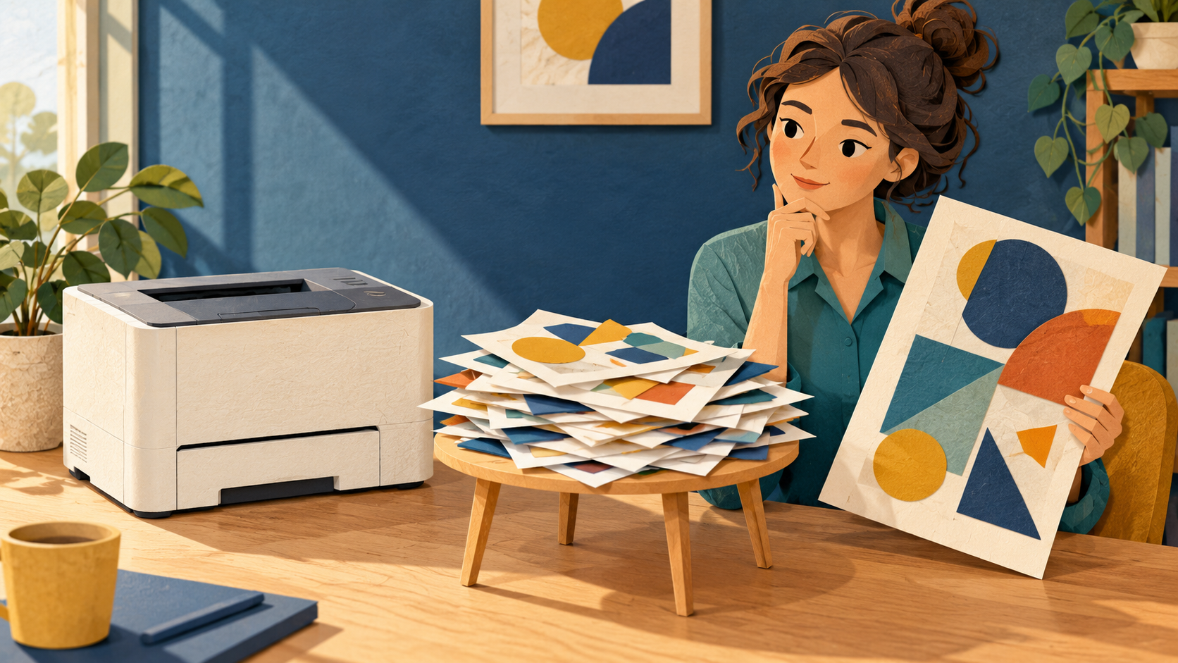 Illustration conceptuelle : une petite table de travail déborde de feuilles à côté d’une imprimante imaginaire