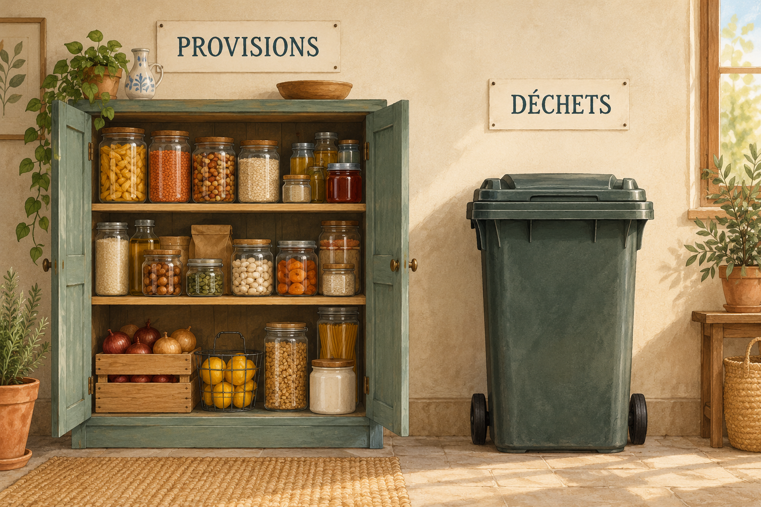 Illustration d’un placard à provisions et d’une poubelle fermée, pour expliquer deux contenants pleins aux fonctions différentes