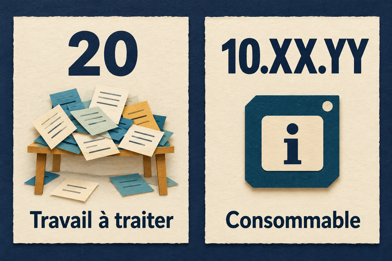 Illustration de deux cartes portant les codes 20 et 10.XX.YY, associés au travail et au consommable