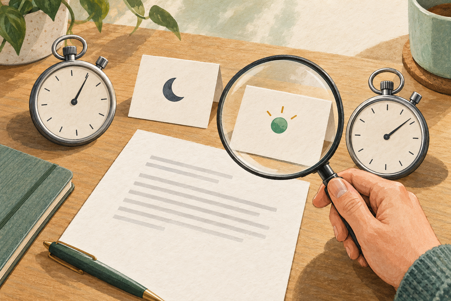 Illustration de deux chronomètres sans chiffres et de cartes évoquant les états veille et prêt